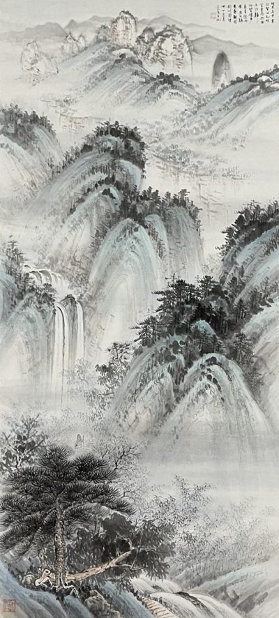 Wang Pinkang 王品康, Landscape 山水, Ink and colour on paper 纸本设色, 98 x 45 cm, 2017